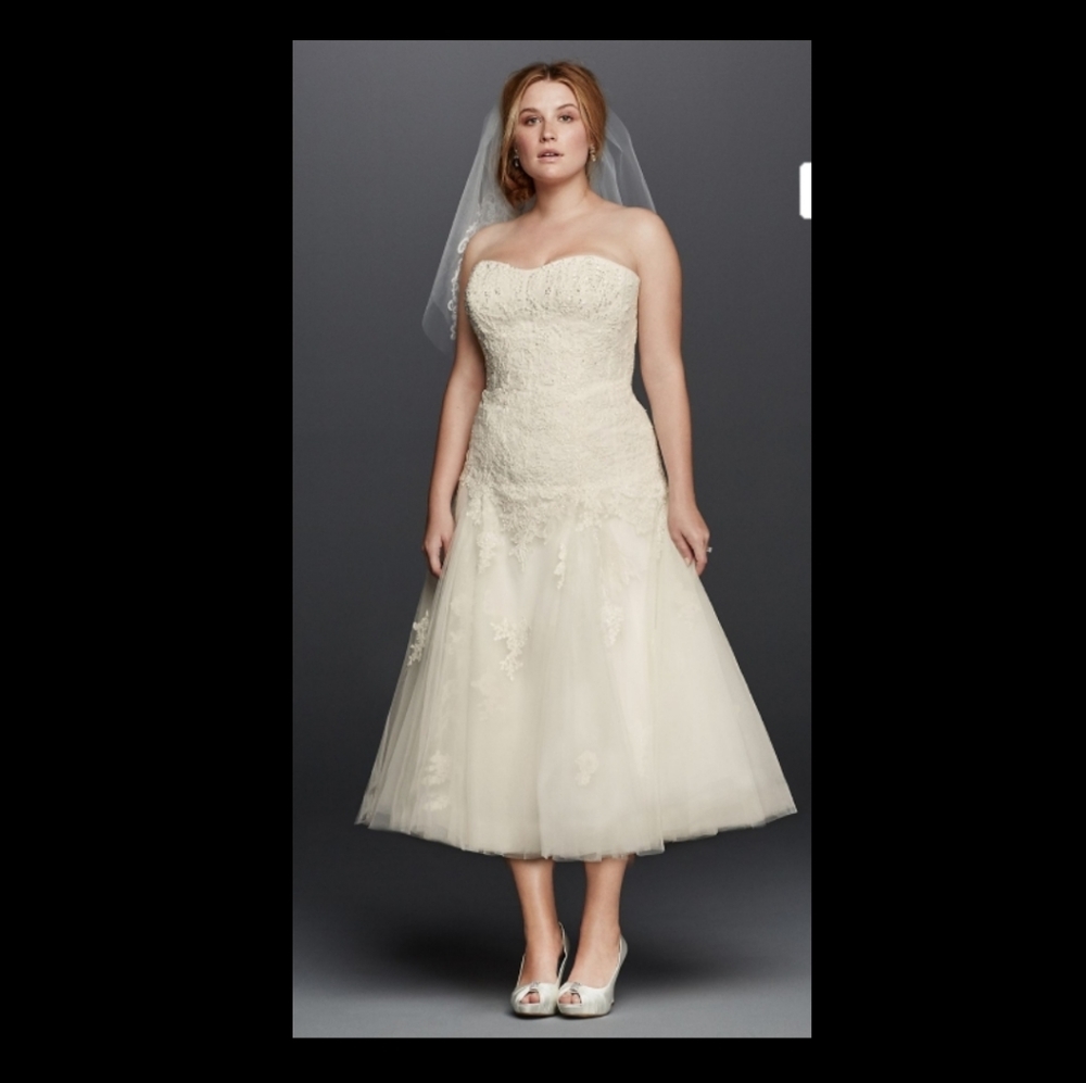 Oleg Cassini Tea Length Plus Size Wedding Dress